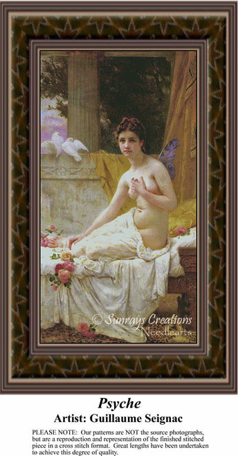 A woman with butterfly wings sits gracefully among red and pink roses, alongside doves, in this xstitch pattern by Guillaume Seignac.