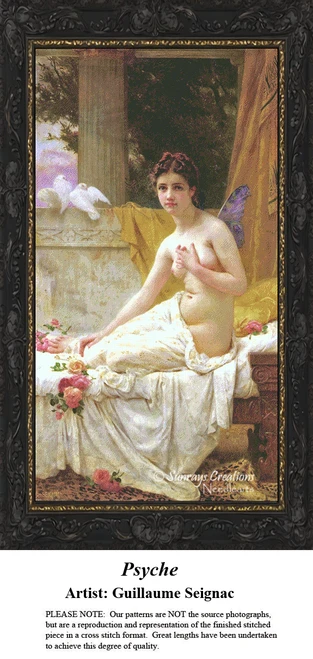 A detailed counted cross-stitch pattern preview of Guillaume Seignac's Academic painting, "Psyche." The delicate design features the mythological figure of Psyche with soft butterfly wings and flowing drapery, illuminated by a gentle, luminous light against a subtle backdrop.