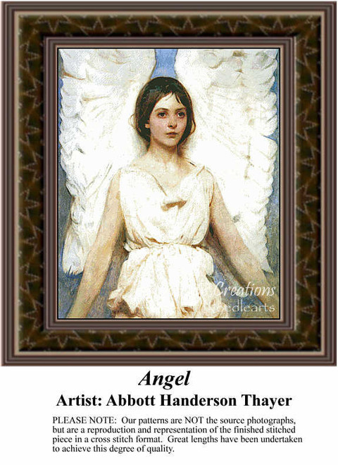 An angel dressed in white with large white wings stands poised and serene, created as a counted cross stitch pattern by Abbott Handerson Thayer.