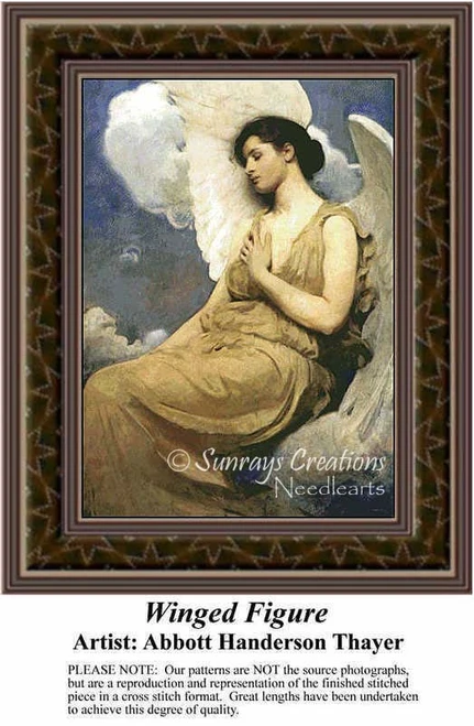 A serene angel with wings rests on a cloud, captured in soft hues, as a PDF chart designed from Abbott Handerson Thayer's artwork.