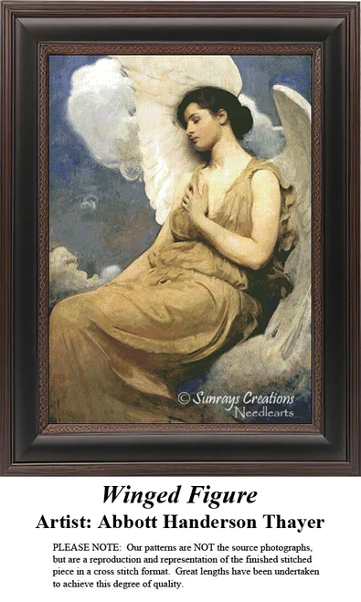 A detailed counted cross-stitch pattern preview of Abbott Handerson Thayer's painting, "Winged Figure." The 19th-century American Symbolist design features a draped angelic figure with sweeping wings, capturing ethereal grace under soft, dramatic lighting.