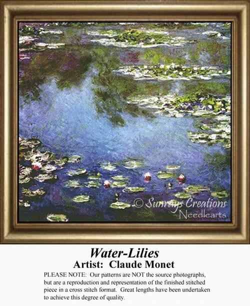 A serene pond with water lilies floating gently, translated into a counted cross stitch design by Claude Monet's impressionistic style.