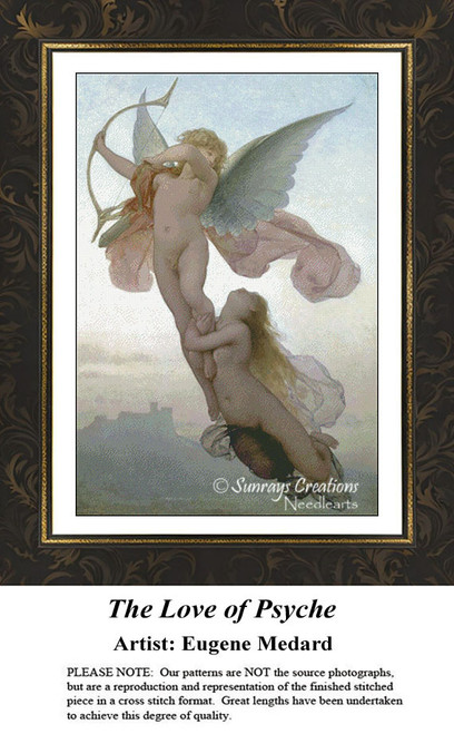 A winged figure holds a bow while embracing another figure, created as a counted cross stitch pattern by artist Eugene Medard.