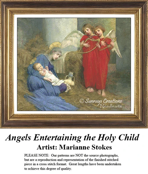A detailed counted cross-stitch pattern preview of Marianne Stokes' painting, "Angels Entertaining the Holy Child." The Pre-Raphaelite Symbolist design features two red-robed angels playing instruments for Mary and the infant Jesus in a serene stable setting, evoking heavenly harmony.