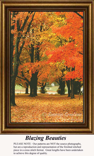 A vibrant scene of autumn trees with bright orange, gold, and coral leaves, ideal for a cross stitch project on aida cloth using DMC floss.