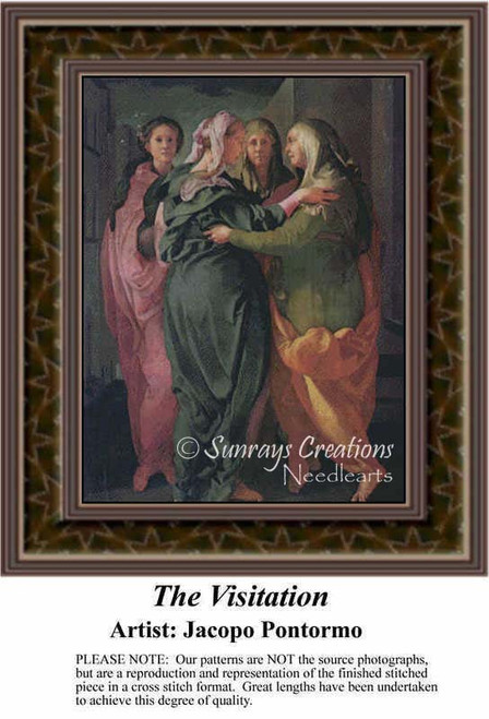 Four women gather together, with the Virgin Mary and Elizabeth in the forefront, preserved as a counted cross stitch pattern by Jacopo Pontormo.