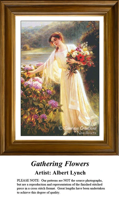 A woman in a flowing white dress gathers flowers from a vibrant shrub by a serene lake, designed as a counted cross stitch pattern by Albert Lynch.
