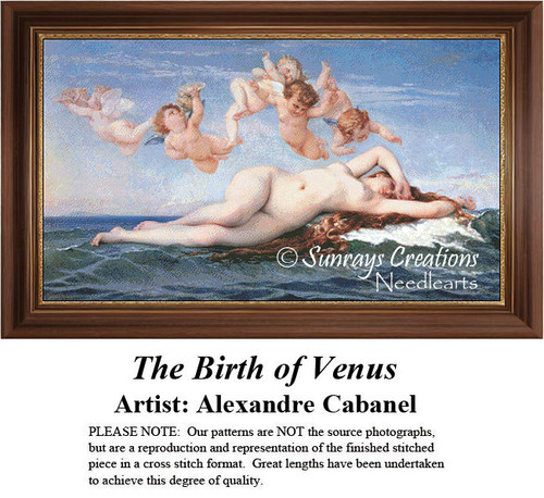 A reclining Venus rests in a clam shell on the ocean, surrounded by cherubs in this cross stitch design by Alexandre Cabanel, offered by Sunrays