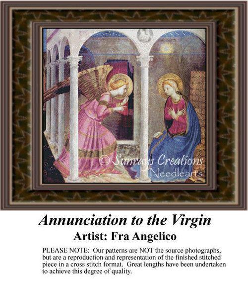An angel kneels to speak to the Virgin Mary in a serene setting, yours to stitch as a counted cross stitch chart.