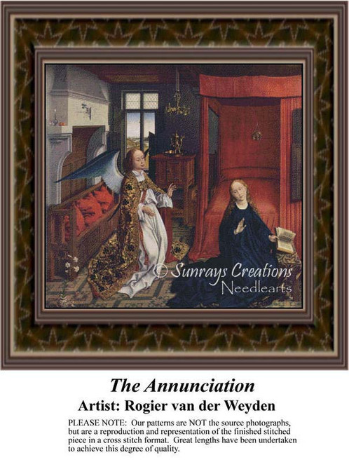 An angel greets the Virgin Mary in a domestic setting, immortalized as a counted cross stitch pattern by Rogier van der Weyden.