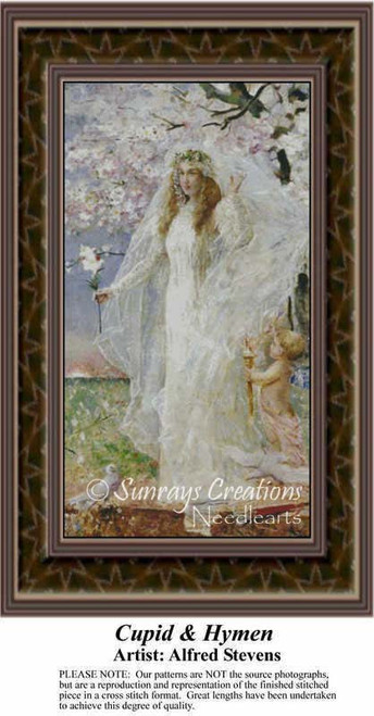 A woman dressed in white with a veil and floral crown stands beside a cherubic figure, captured as a counted cross stitch pattern.