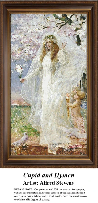 A detailed counted cross-stitch pattern preview of Alfred Stevens' allegorical painting, "Cupid and Hymen." The classical design depicts the mythological figures of Cupid and Hymen amidst flowing drapery, illuminated by a warm, dramatic light.