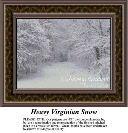 A snowy landscape in the forest where tall trees are heavily blanketed in snow, rendered as a cross stitch kit, showcasing the tranquility of winter's embrace.