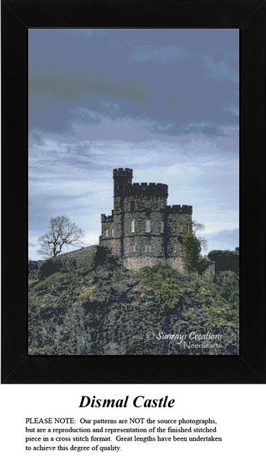 A detailed counted cross-stitch pattern preview capturing an imposing medieval stone castle built upon a steep, mossy rocky hill. The moody, gothic design features heavy, slate-gray storm clouds swirling in the sky above, creating a dramatic sense of historical isolation and architectural power.