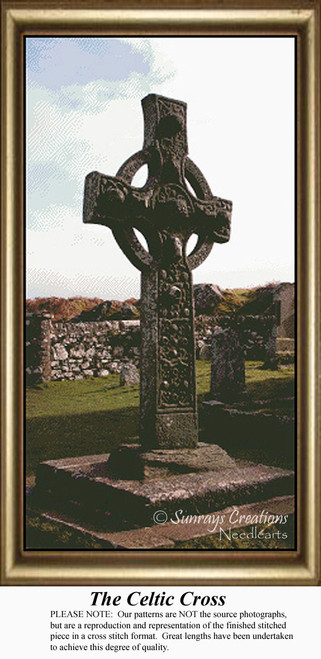 A Celtic cross stands tall in front of a stone fence, framed as a counted cross stitch chart. The design symbolizes infinite love.