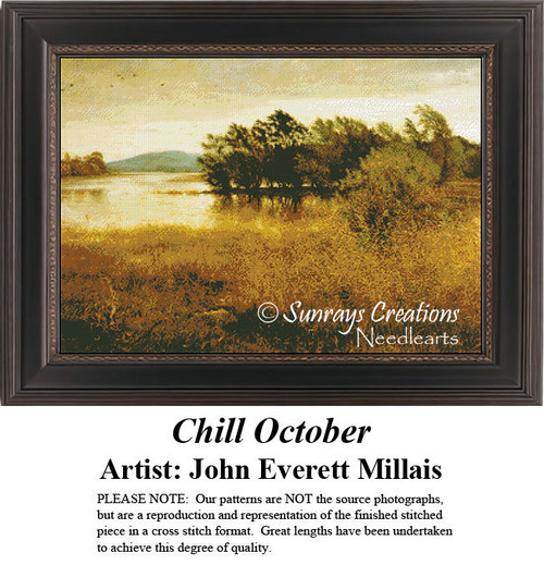 A tranquil landscape of trees along a river under an ochre sky, immortalized as a counted cross stitch pattern.