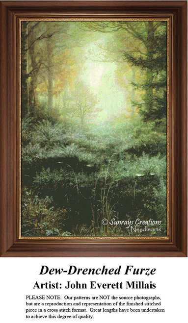 A misty forest scene with dew-covered furze in the foreground and golden light beyond, brought to life as a counted cross stitch pattern.
