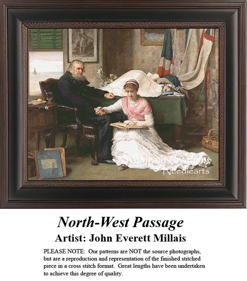 An elderly sailor sits at his desk while his daughter reads a log, brought to life as a counted cross stitch pattern.