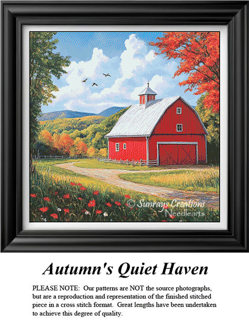 A detailed counted cross-stitch pattern preview capturing a peaceful country farm landscape titled "Autumn's Quiet Haven." The vibrant design features a classic American red barn with a white roof standing along a dirt road, framed by a brilliant red autumn tree and rolling hills covered in colorful fall foliage under a bright blue sky with scattered clouds.