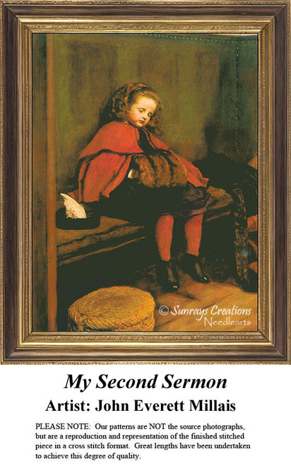 A young girl in a red cloak sits asleep on a bench, framed as a counted cross stitch chart by artist John Everett Millais.