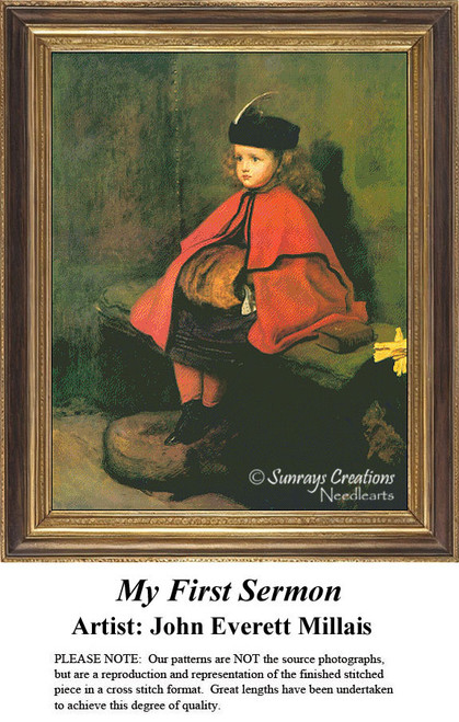 A little girl dressed in a red cape and hat, attentively listening during a sermon, rendered as a counted cross stitch design by John Everett Millais.