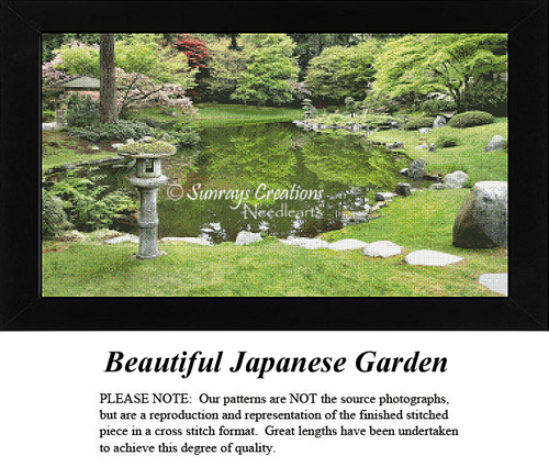 A detailed counted cross-stitch pattern preview capturing a peaceful and traditional landscape titled "Beautiful Japanese Garden." The scenic design depicts a calm, glassy pond mirroring the vibrant green foliage of surrounding trees, complete with an ornamental stone lantern in the grassy foreground and a curved stepping-stone path along a manicured lawn.