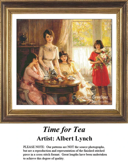 Three women and a girl gather by a table for tea, with the host pouring cups, brought to life as a counted cross stitch pattern.