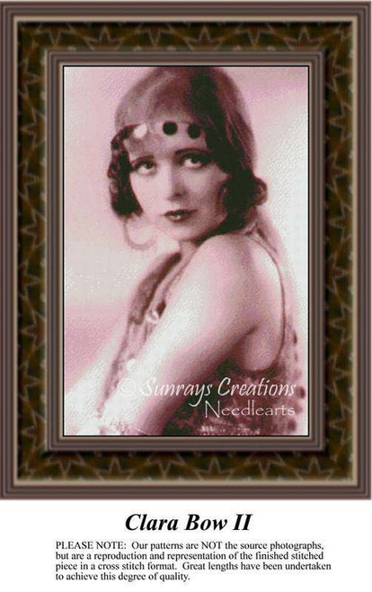 A woman with large dark eyes and vintage style is captured in this portrait, available as a counted cross stitch pattern.