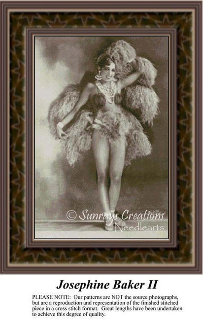 A sepia-toned image of Josephine Baker standing gracefully, adorned with feathers, designed for a cross stitch project.
