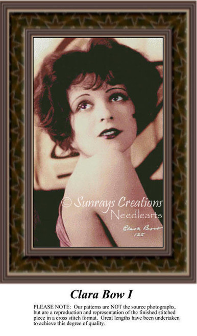 A woman with dark hair and expressive eyes glances over her shoulder, captured as a counted cross stitch pattern.