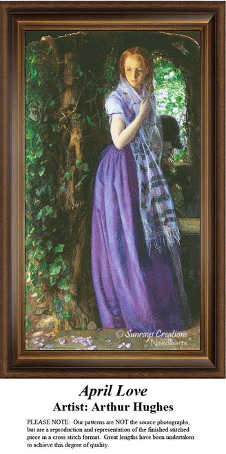 A young woman in a violet dress and fringed shawl stands in an ivy-covered arbor, ready for your next cross stitch project!