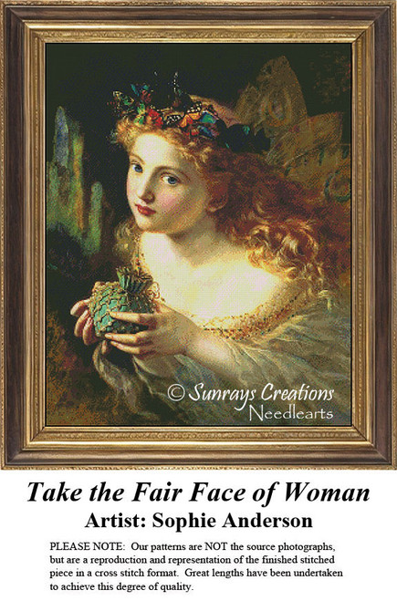 A fairy with flaxen curls and a butterfly garland holds a precious item, come to life as a counted cross stitch design by Sophie Anderson.