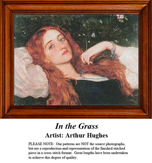 A woman with long red hair reclines in the grass, playing with flowers, framed as a counted cross stitch chart by Arthur Hughes.