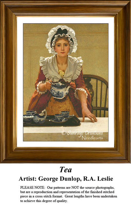 A woman in a ruffled bonnet and collar holds a teakettle, as designed in a PDF chart from the painting by George Dunlop Leslie, R.A.