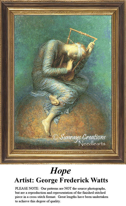 A digital pattern of a blindfolded woman on a globe, playing a lyre with broken strings, inspired by George Frederick Watts' symbolism of hope.