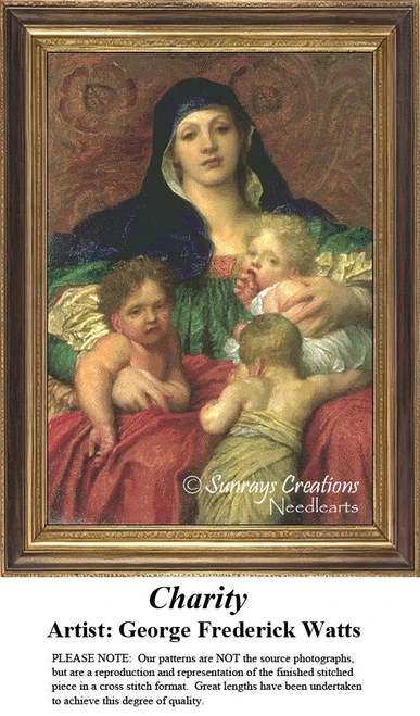 A woman gently cradles a group of young children in her arms, immortalized as a counted cross stitch pattern by George Frederick Watts.
