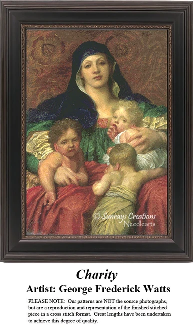 A detailed counted cross-stitch pattern preview of George Frederic Watts's painting, "Charity." The Victorian Symbolist allegory design portrays a maternal figure sheltering children in flowing drapery, capturing tender compassion through rich warm tones and classical modeling.