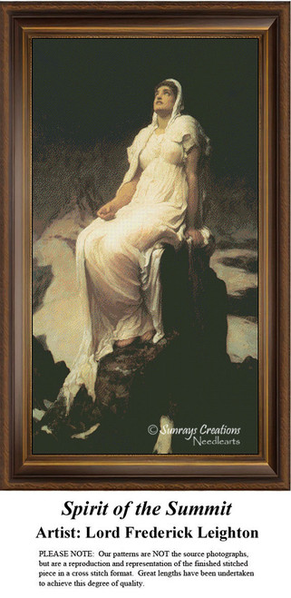 A woman in a flowing white gown sits on a rocky summit, gazing upward, in this cross stitch project by Lord Frederick Leighton.