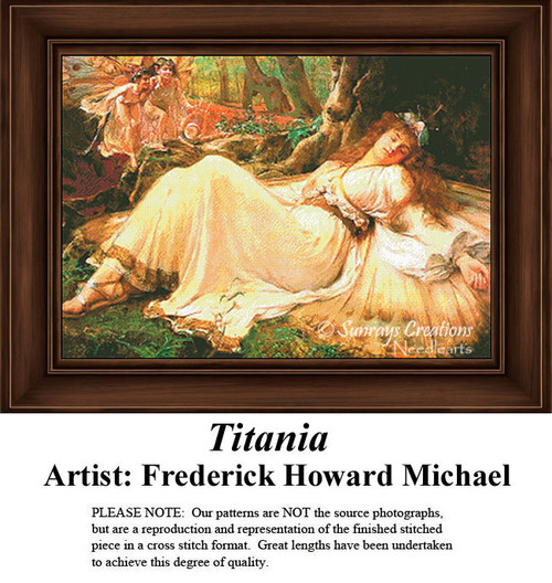 A woman with long hair lies asleep in a forest, surrounded by nymphs, arranged as a counted cross stitch design by Frederick Howard Michael.