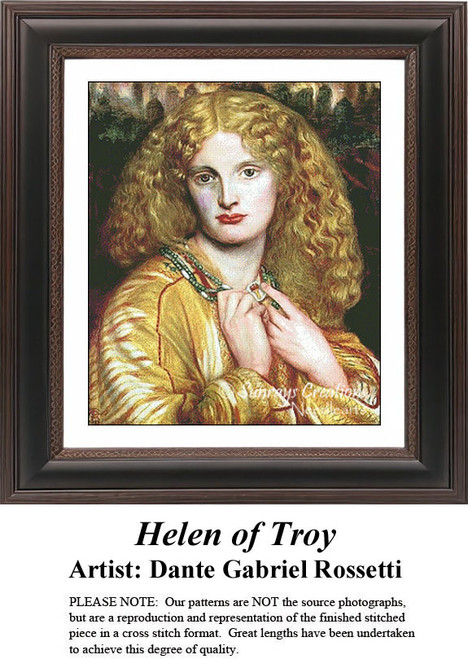 A woman with flowing golden hair gazes thoughtfully, arranged as a counted cross stitch design, inspired by Dante Gabriel Rossetti's art.
