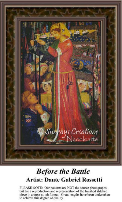 A woman in a flowing red dress ties a banner, surrounded by onlookers, designed as a cross stitch chart from a painting by Dante Gabriel Rossetti.