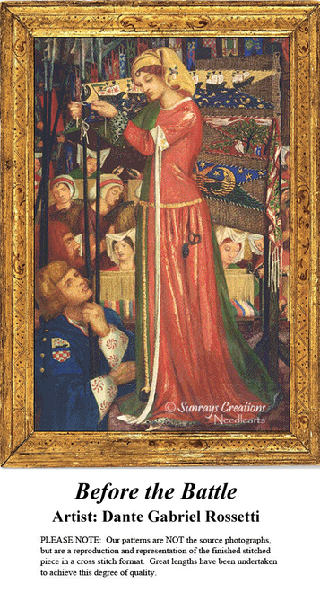 A detailed counted cross-stitch pattern preview of Dante Gabriel Rossetti's 1858 watercolor, "Before the Battle." The intricate medieval design portrays a busy chamber filled with elegant ladies fastening freshly embroidered banners onto the lances of armored knights in a crowded, tapestry-style composition rich with vibrant historical detail.
