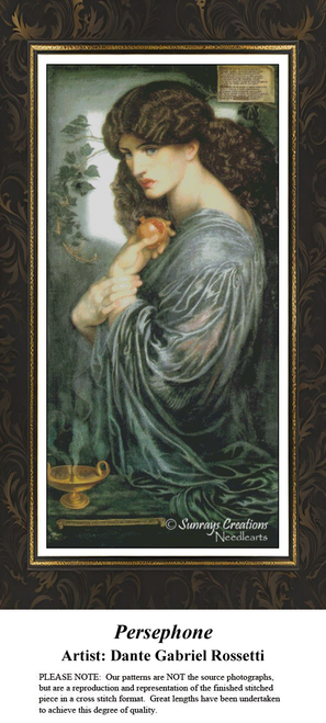 A detailed counted cross-stitch pattern preview of Dante Gabriel Rossetti's 1874 masterpiece, "Persephone" (Proserpine). The evocative fine art design showcases a striking close-up portrait of a woman with thick, dark hair and pale skin, dressed in a flowing blue gown as she holds a sliced pomegranate in a dim, atmospheric corridor accented by a spray of green ivy leaves and a sliver of sunlight.