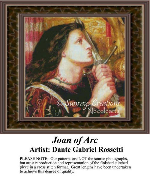 A young woman with long dark hair holds a sword, gazing upward, depicted as a counted cross stitch chart titled Joan of Arc.
