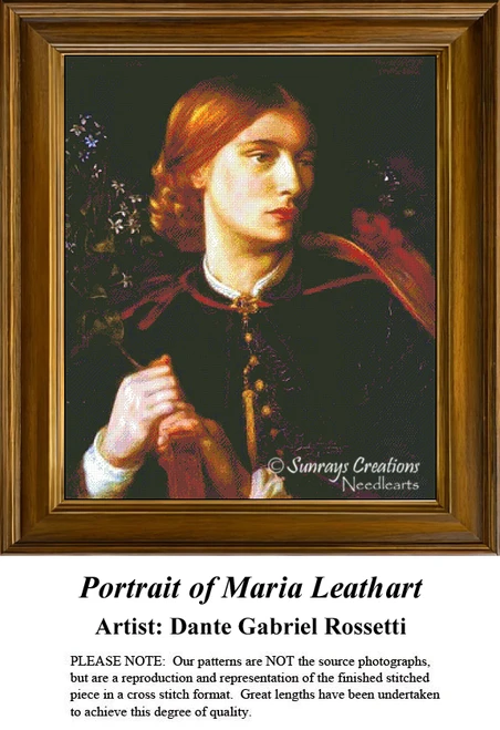 A detailed counted cross-stitch pattern preview of Dante Gabriel Rossetti's 1862 painting, "Portrait of Maria Leathart." The fine art design captures a close-up portrait of a Victorian woman with a contemplative, mysterious gaze and fair complexion, wearing an intricately patterned gown against a lush, romantic, and medieval-inspired backdrop.