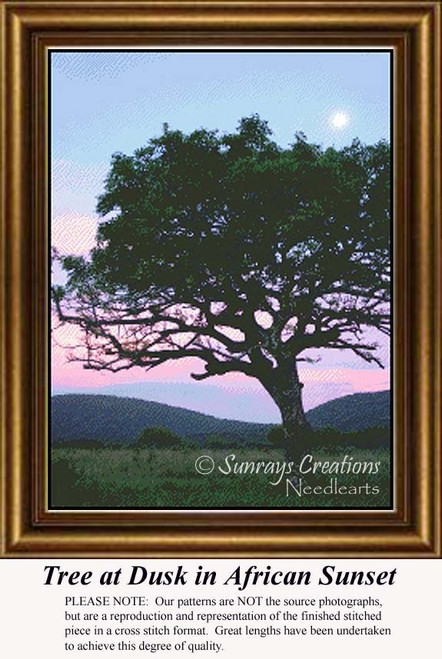An ancient tree leans left against a cool sunset backdrop, translated into a counted cross stitch design.