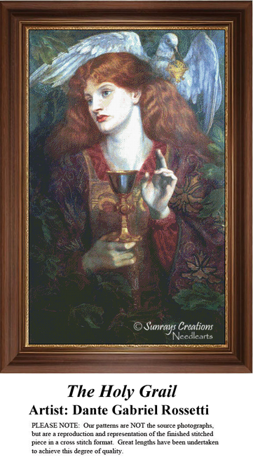 A detailed counted cross-stitch pattern preview of Dante Gabriel Rossetti's masterpiece, "The Holy Grail." The spiritual fine art design features a close-up portrait of a red-haired damsel draped in rich garments, holding a long-stemmed golden chalice while a white dove hovers gracefully beside her head against a warm, luminous background.