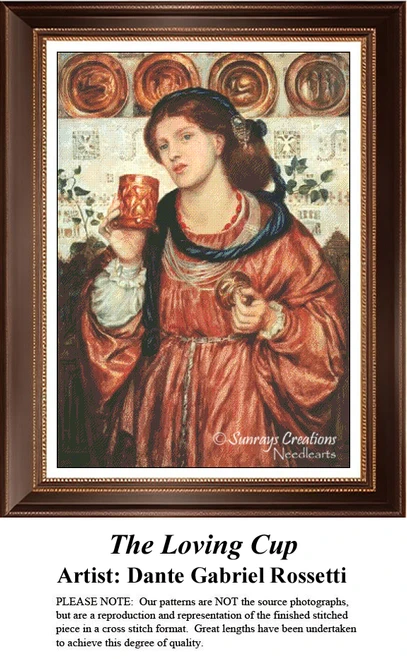 A detailed counted cross-stitch pattern preview of Dante Gabriel Rossetti's 1867 painting, "The Loving Cup." The romantic fine art design showcases a close-up portrait of a woman with braided hair and a rich crimson robe raising a golden chalice to her lips, framed by green ivy leaves and decorative brass plates in a softly lit background.