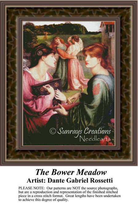 Women in vibrant dresses converse and dance in a lush meadow, available as a counted cross stitch pattern by Dante Gabriel Rossetti.
