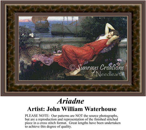 Ariadne reclines gracefully in a flowing red gown on a divan by the sea, designed as a PDF pattern from John William Waterhouse's art.